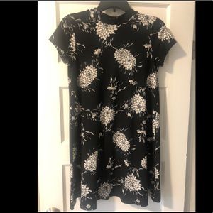 Pink Rose Black & White Floral Mock Neck Dress
